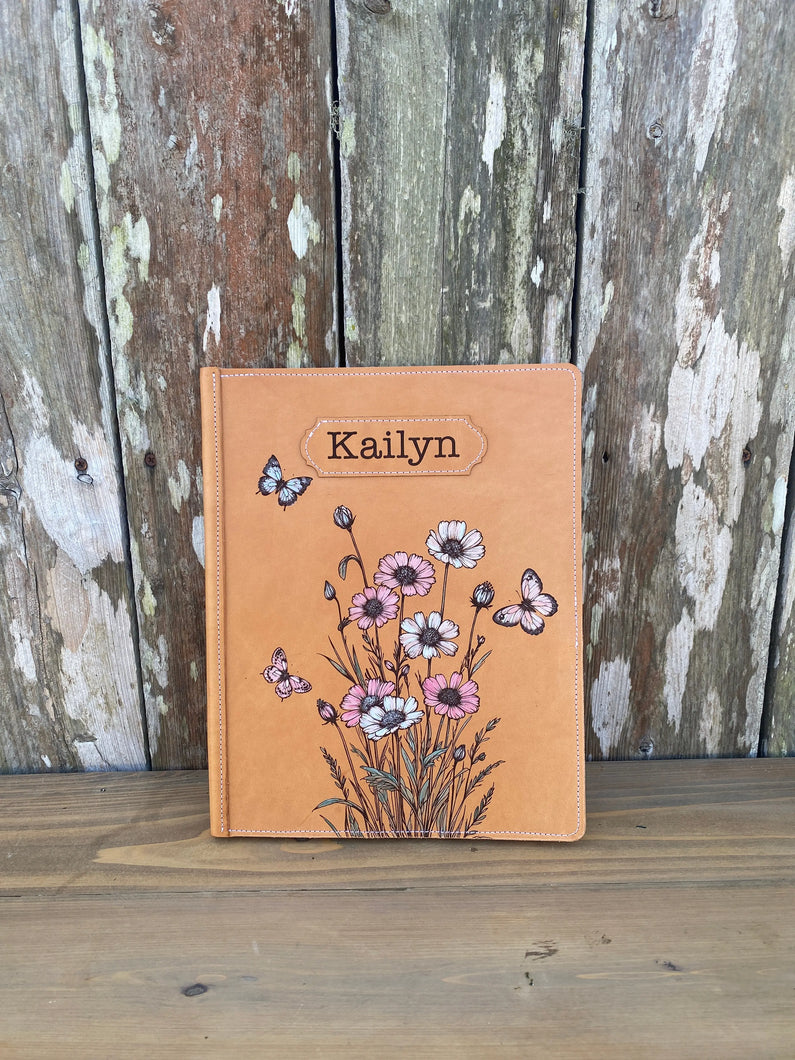 Leather Journal engraved with flowers and butterflies Creative Farm Girl