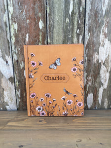 Leather Journal engraved with flowers and butterflies