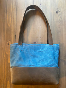 Leather and Blue Waxed Canvas Tote
