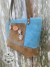 Leather and Blue Waxed Canvas Tote with Leather Flowers