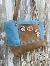 Leather and Blue Waxed Canvas Tote with Leather Flowers