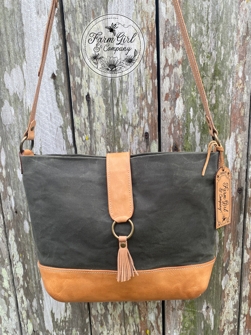 Leather and Olive Green Waxed Canvas Tote
