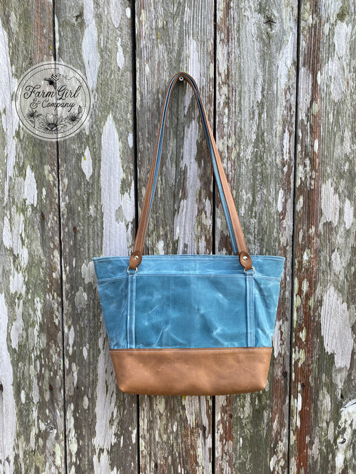 NEW! Leather and Blue Waxed Canvas Concealed Tote Bag